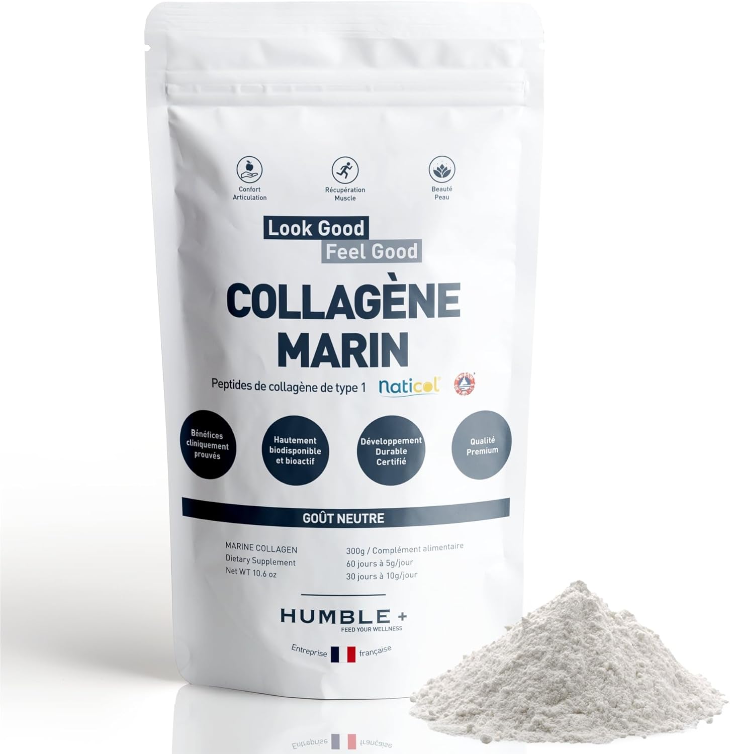 Collagène Marin Naticol® en poudre - Sachet de 300g - Goût Neutre - Confort articulaire, Récupération musculaire et Beauté de la Peau - 60 doses à 5g/jour - Humble+ - Fabriqué en France