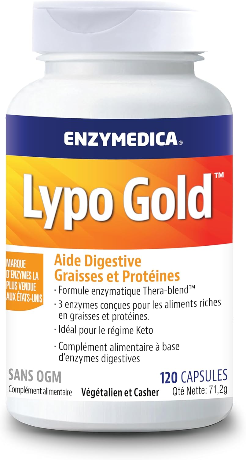 Enzymes Digestives Lypo Gold, Complément Alimentaire, Digestion Confortable, Anti Ballonnements et Ventre Gonflé, Confort Digestif, Lipase, Protéase, Amylase, Perle Digestive, 120 Capsules