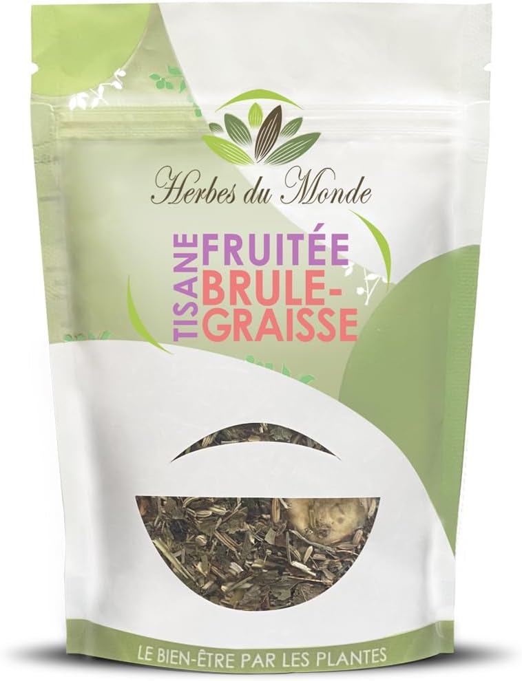 Tisane Fruitée Brûle-Graisse - Feuilles et fruits séchée - Infusion Amincissante au Thé Vert fruitée - Tisane minceur, Brûle-Graisse, Bien-être et Détox - 1 sachet de 100g