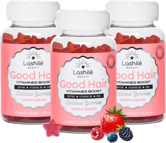 Good Hair Vitamins - Pousse Croissance & Fortification des cheveux - Compléments Alimentaires - Made in France - Biotine, Zinc, Vitamine B8, C, B6 - Cure 3 mois - 180 Gummies