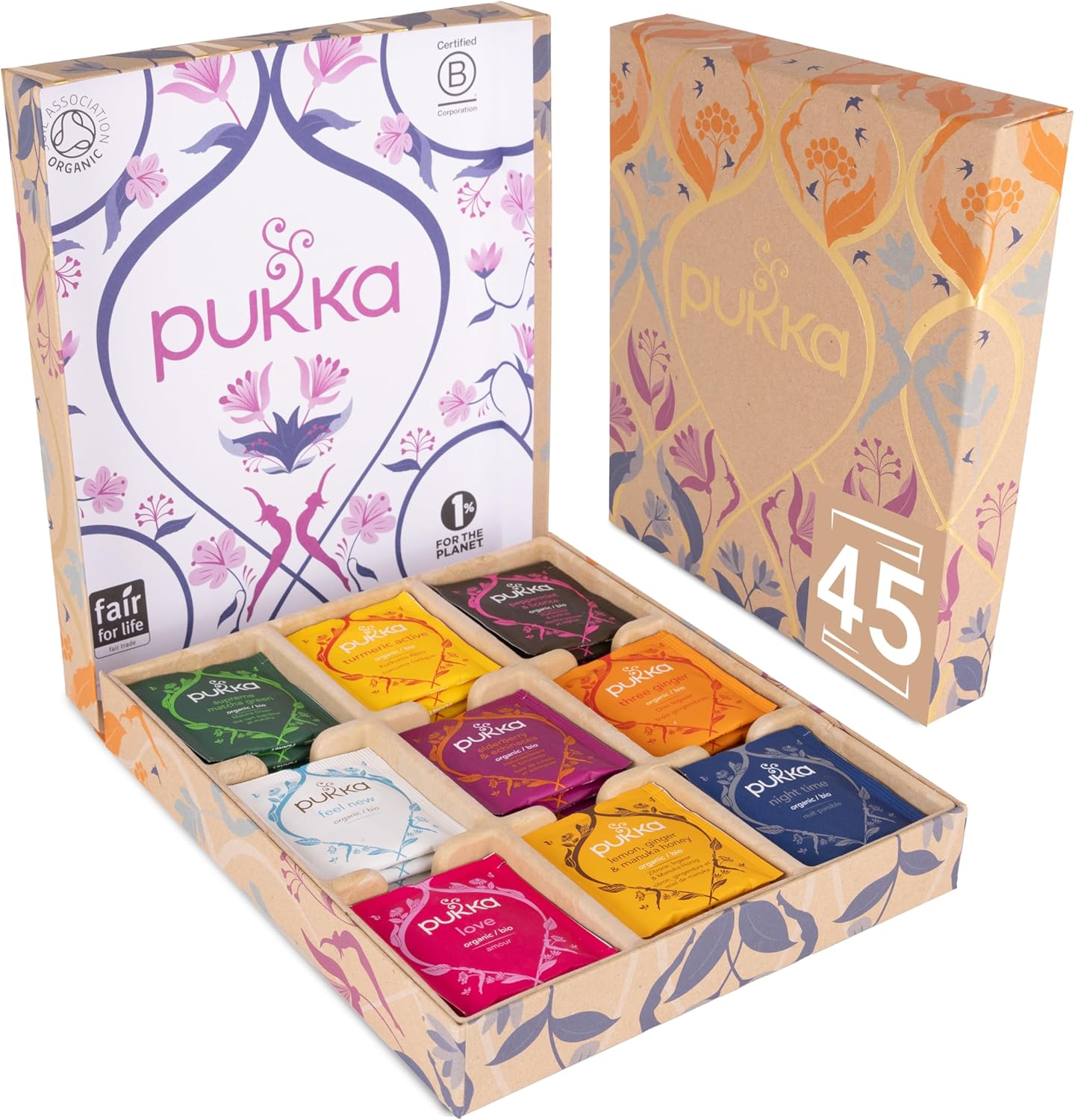 Coffret Sélection, Idée Cadeau Femme et Homme, Coffret Cadeau Tisanes, Coffret Cadeau Thé 100% Bio Saint Valentin, Anniversaire, 9 Saveurs, Matcha, Gingembre, Miel, Nuit paisible, 45 Sachets