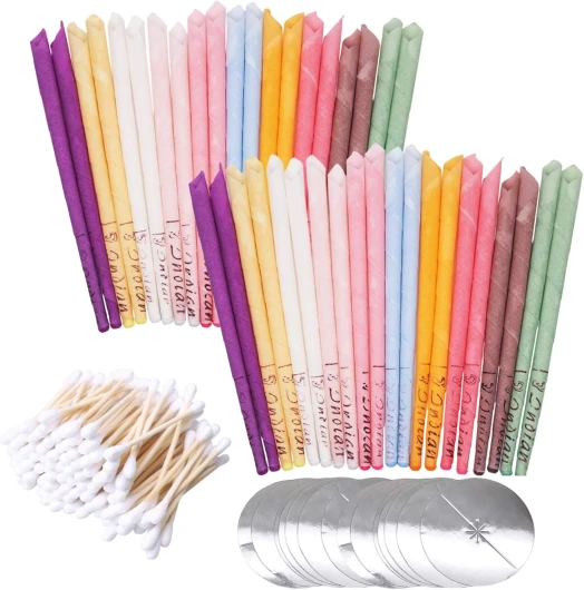 40 pièces toutes les bougies d'oreille naturelles cônes de bougie en cire d'abeille (10 couleurs),parfumées,Bougie Auriculaire Bougies, Détendez-vous et nettoy, avec 20 disques de protection