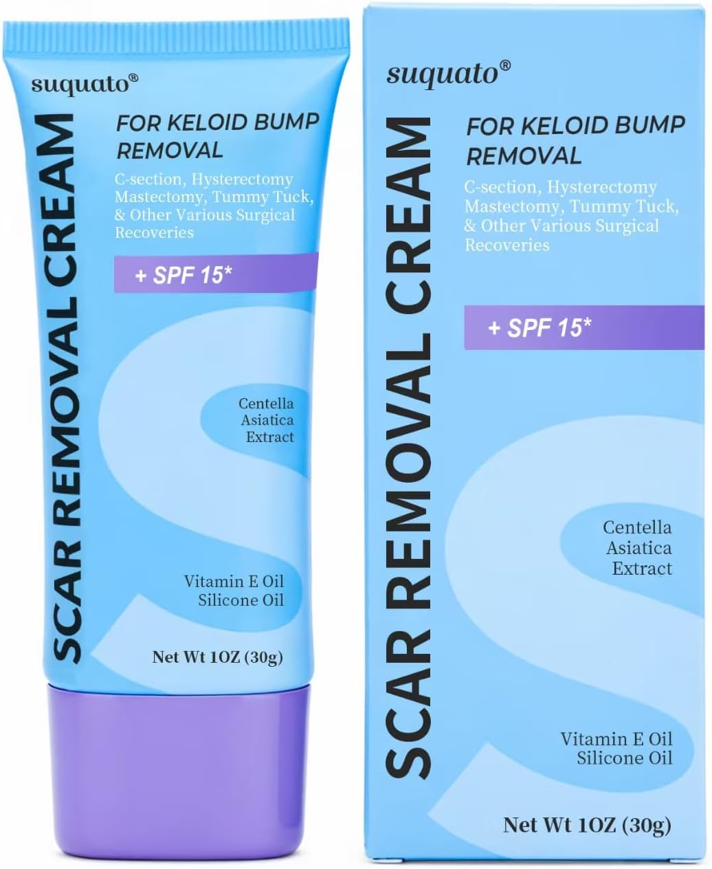 Suquato Gel Crème Cicatrisant Réduit Cicatrices Chirurgie/Brûlures/Acné - Postopératoire Césarienne/Chéloïde/Vergetures - Absorption Rapide Sans Parfum 30g