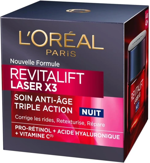 L'Oréal Paris - Crème Masque Nuit Triple Action Anti-Âge - Anti-Rides & Multi-Correction - Enrichi au Pro-Rétinol, à l'Acide Hyaluronique & à la Vitamine C - Revitalift Laser X3 - 50 ml