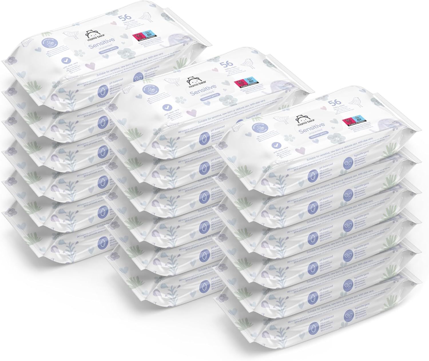 Marque Amazon - Mama Bear Lingettes Pour bébé Sensibles, Sans parfum, 1008 Unité, 18 Lot de 56 lingette