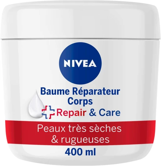 REPAIR & CARE Baume Réparateur Visage, Corps & Mains Peaux Très Sèches (1 x 400 ml), Crème à la vitamine E & glycérine pour peaux rugueuses extra sèches, Soin corps hydratant 72H