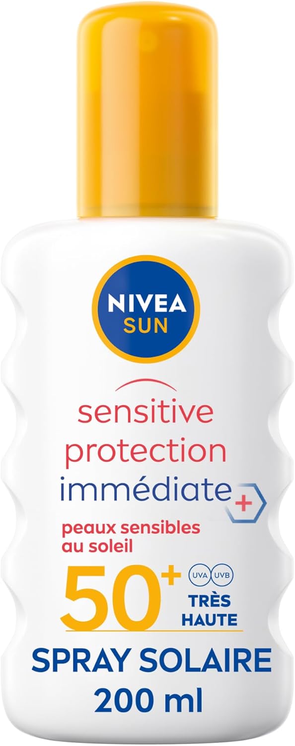 NIVEA SUN Spray Solaire Sensitive Protection Immédiate FPS 50+ (200 ml) – Creme solaire 50 anti UV adaptée aux peaux sensibles – Creme solaire visage et corps légère et non grasse