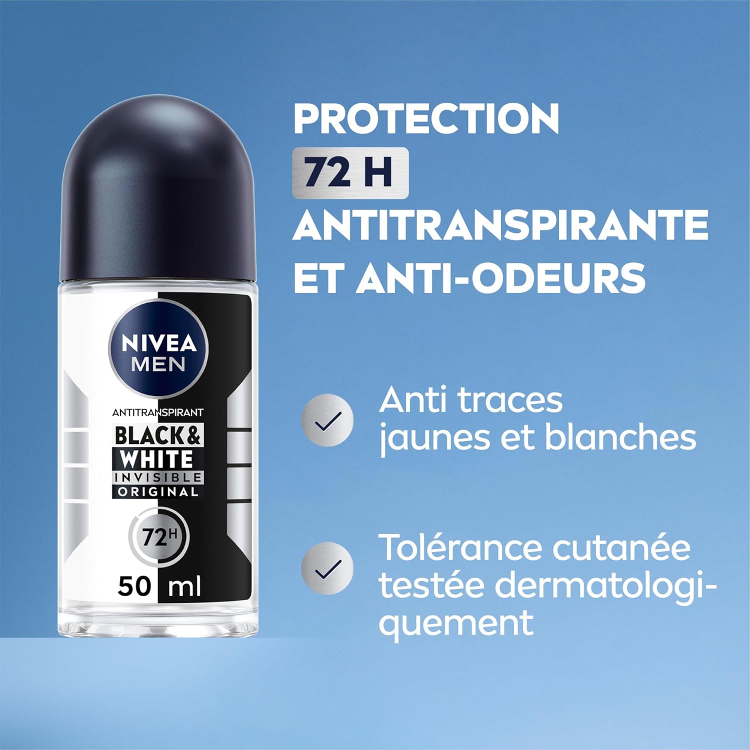 NIVEA MEN Déodorant Bille Black & White Invisible (6 x 50ml), déodorant homme anti-traces blanches et jaunes, anti-transpirant anti odeur & humidité, protection efficace 72 h, sans alcool
