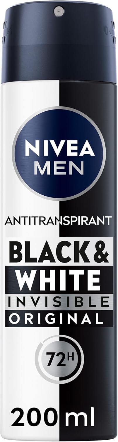 MEN Déodorant Spray Black & White Invisible (1 x 200 ml), déodorant homme anti-traces blanches et jaunes, anti-transpirant anti odeur & humidité, protection efficace 72 h, sans alcool