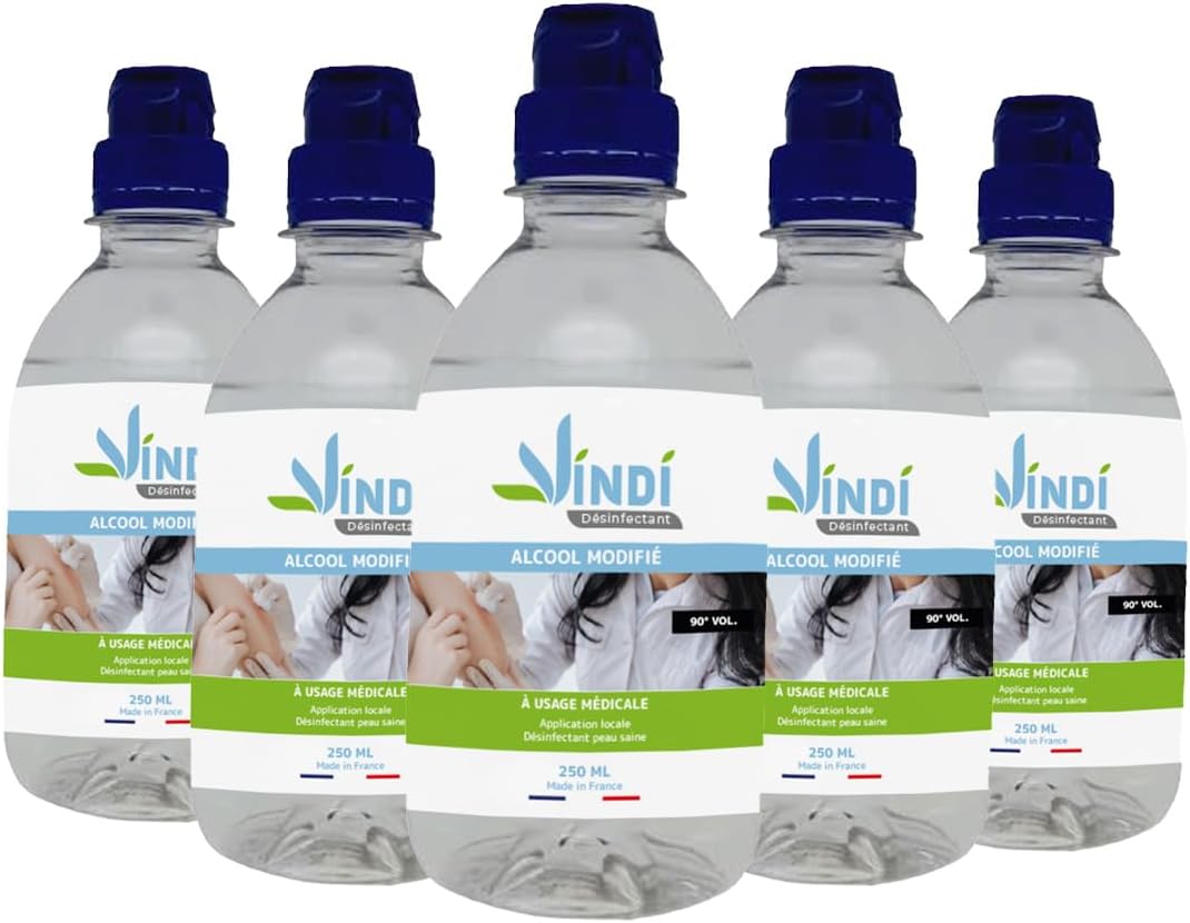 Alcool modifié 90°- lot de 5 Flacons de 250ml - Fabrication Française - Désinfection peau saine et ustensiles médicaux