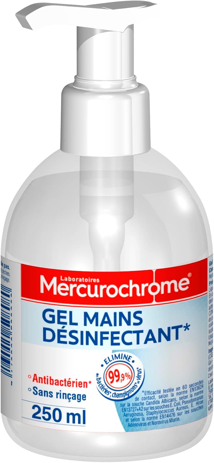 Gel Mains Désinfectant Hydroalcoolique - Antibactérien - Sans rinçage - Ne colle pas - Sèche Rapidement - Flacon pompe - Format Familial 250 mL - Fabriqué en France