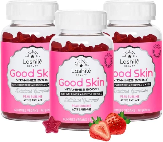 Good Skin - Anti age et anti rides - Compléments Alimentaires - Efficacité Prouvée - Made in France- Vitamine C, Vitamine E, Acide Hyaluronique, Q10 - Cure 2 mois - 180 Gummies