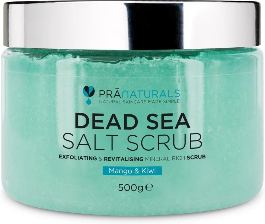Gommage pour le corps au sel de la Mer Morte 500gr – Hydratant, huiles naturelles et minéraux, douce odeur fruitée, sans parabènes, vegan et sans cruauté animale (Mangue et Kiwi)