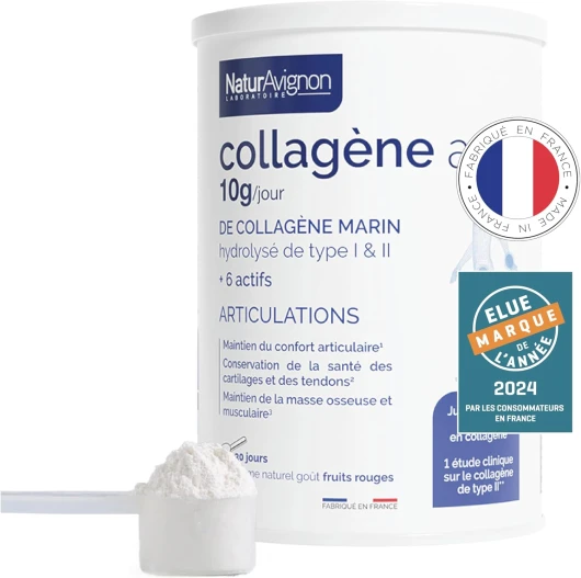 Laboratoire NaturAvignon Collagene Marin hydrolysé type 1 et 2 en poudre - Articulations, os, cartilages - 10g collagène marin par portion - Saveur fruit rouge - Fabriqué en France - 375g