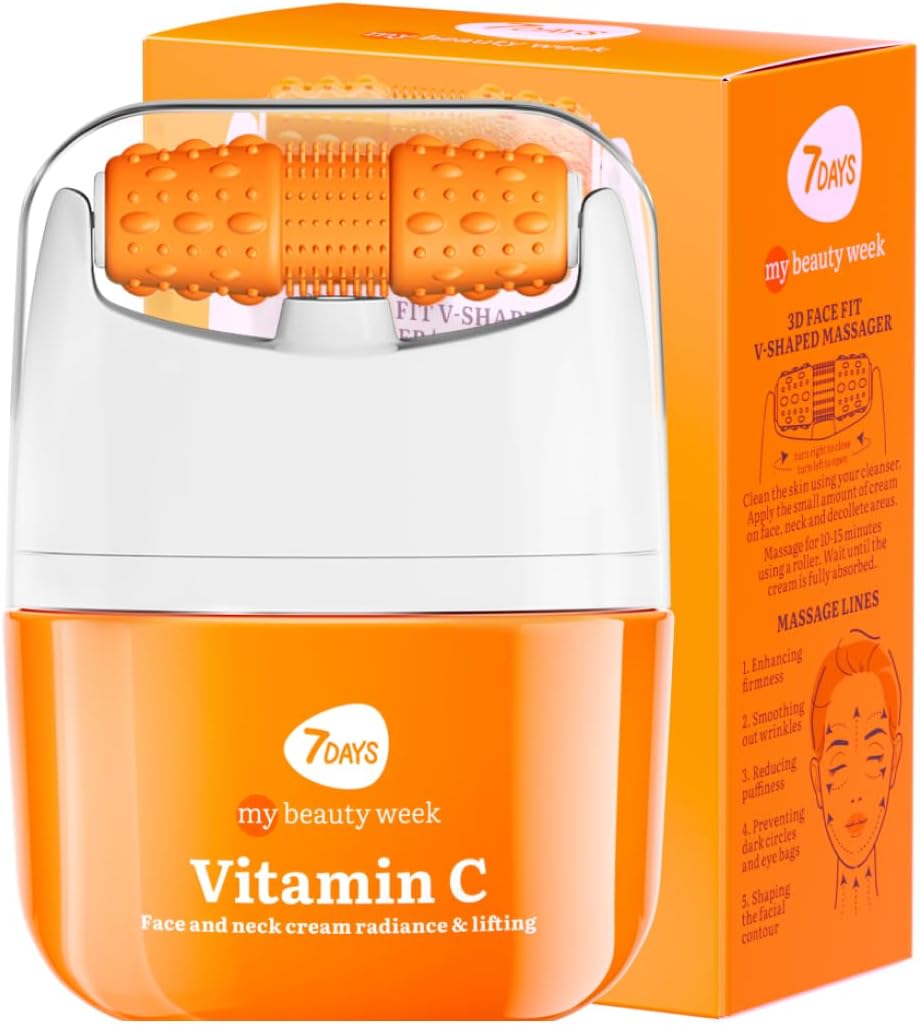 Crème Lifting Visage à la Vitamine C - Crème hydratante pour le visage Korean Skincare - Crème Anti-Âge Visage et Cou pour Femme - Rouleau de massage anti-gonflement et tonifiant pour la peau