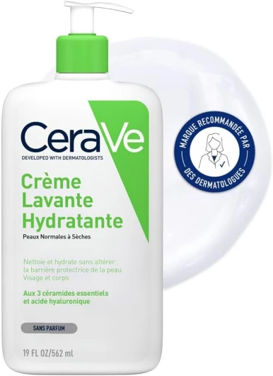 CeraVe - Crème Lavante Hydratante - Visage & Corps - Nettoie et Hydrate Sans Altérer la Barrière Cutanée - Aux 3 Céramides Essentiels + Acide Hyaluronique - Peau Normale à Sèche - 562 ml