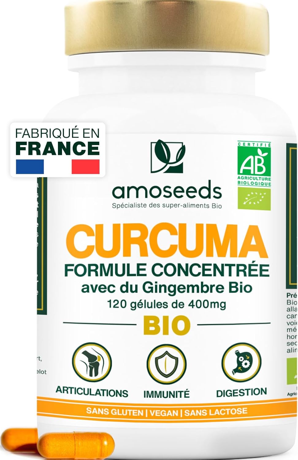 Curcuma BIO Haute Concentration - Avec Gingembre Bio - Curcumine Haute Absorption - Sans Pipérine - Articulations - 120 Gélules - Qualité Supérieure