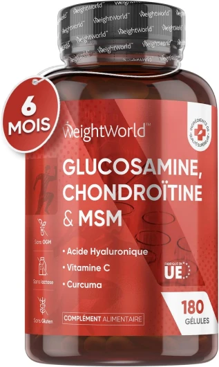 Glucosamine Chondroïtine MSM 180 Gélules - Enrichi en Curcuma, Acide Hyaluronique & Vitamine C - Pour Cartilage, Collagène, Système Immunitaire, Os, Réduction Fatigue - WeightWorld
