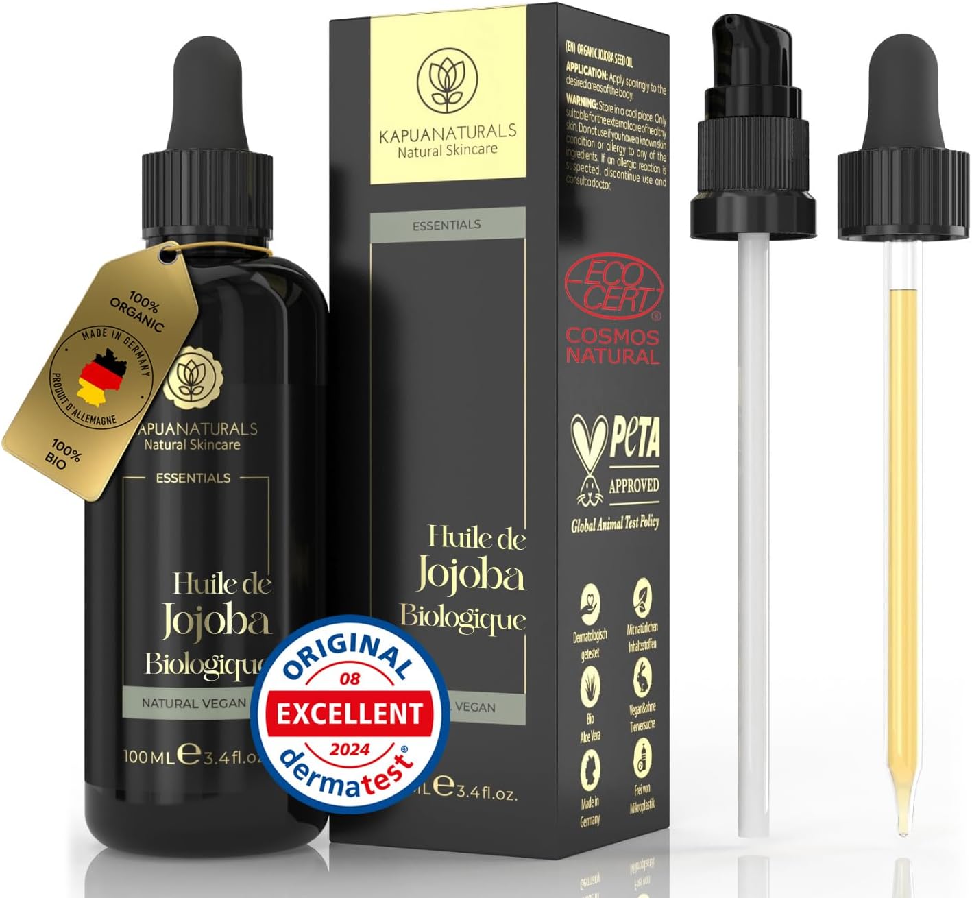 Huile de Jojoba BIO • 100ml • 100% Pure, Naturelle & Pressée à froid • Huile de Jojoba pour cheveux, cuir chevelu, cils, sourcils, barbe & ongles • Vegan - Pureté maximale • Jojoba Oil