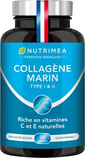COLLAGENE MARIN - Type 1 & 2 BREVETÉ Pur et Naturel - Vitamines A, C & E Végétales - Nutrimea - Hydratation de la Peau - Protège Os et Articulations - 900 mg - 90 Gélules - Fabriqué en France