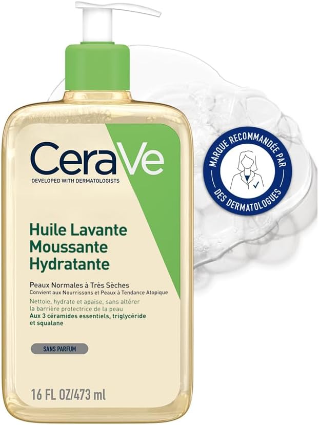 CeraVe - Huile Lavante Moussante Hydratante - Hydrate et Apaise Sans Altérer la Barrière Cutanée - Céramides, Triglycérides, Squalane - Peau Normale à Très Sèches, à Tendance Atopique - 473 ml