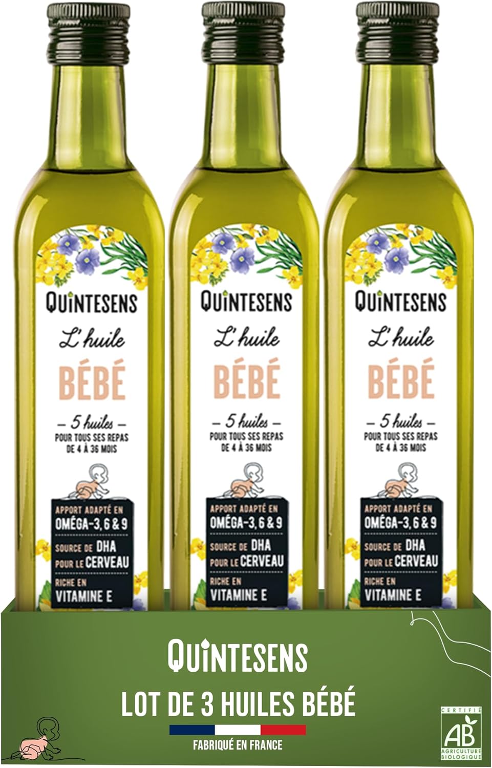 Lot 3 Huiles Bébé QUINTESENS 250 ml - Apports en DHA, Oméga 3, 6 & 9 et Vitamine E pour un Développement Solide pour la Vie - Production 100% Française & Biologique