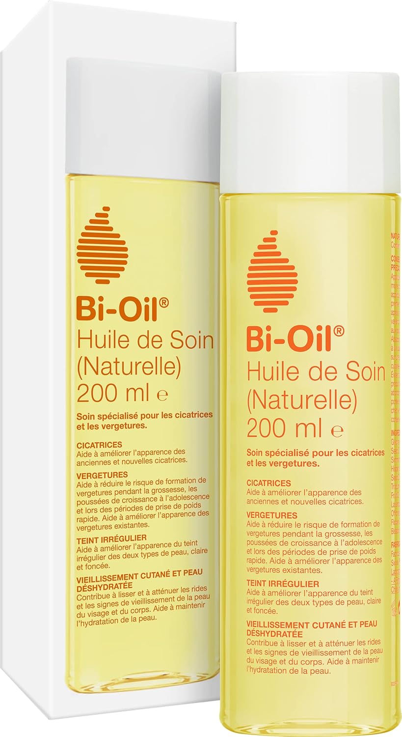 Bi-Oil Huile de Soin Naturelle - Soin spécialisé pour les vergetures, cicatrices, peau sèche et teint irrégulier - Formulation 100% naturelle - Idéal pendant la grossesse - 1 x 200 ml