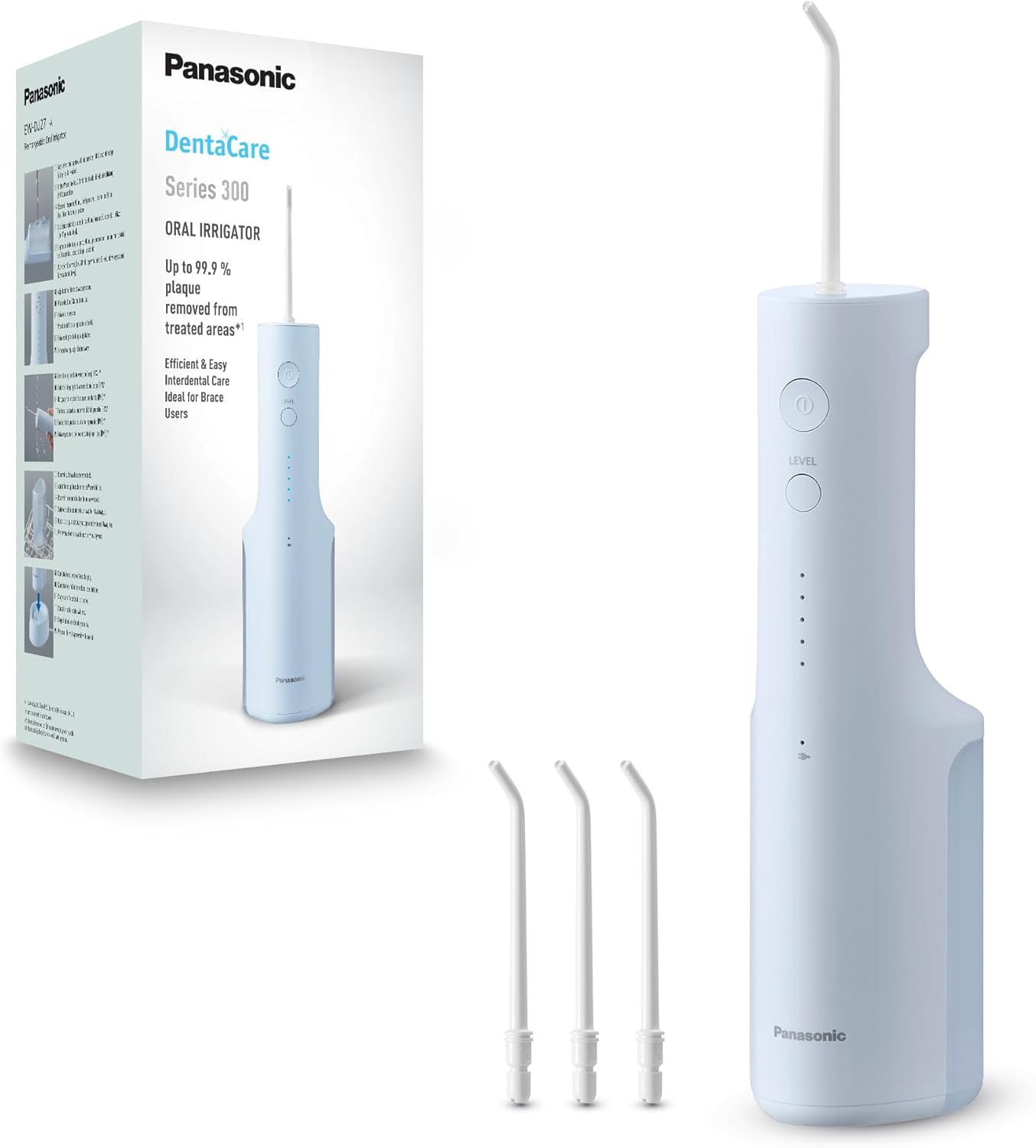 Series 300 Hydropulseur Dentaire Ultrasonique EW-DJ27-A303, Jet dentaire, Irrigateur Oral, 200ml, IPX7, 4 Embouts Standard, 5 Réglages de Pression, Accessoire de Voyage, Bleu