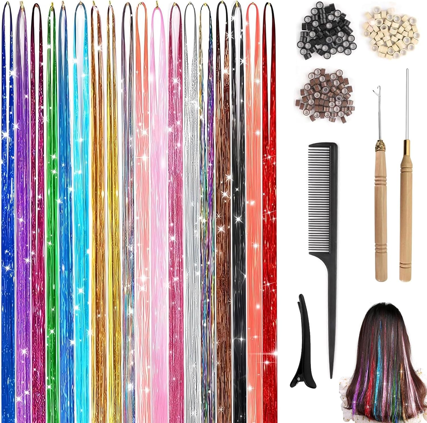 18 Couleurs MèChes de Cheveux Tinsel,Kit D'Extension Cheveux Brillants,pour les FêTes de NoëL, les Anniversaires, les FêTes D'Halloween, les éVéNements de Danse, les Spectacles sur ScèNe, les