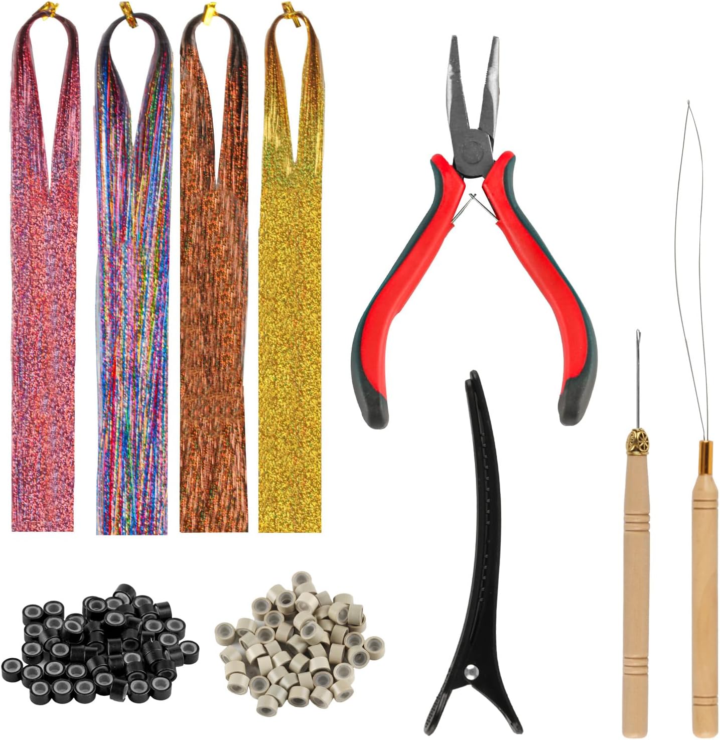 Kit Extensions Cheveux Micro Perles 35'' (4 Couleurs/800 Mèches) - Outils Pose Pro avec Pince, Paillettes & Nano - Méthode Liens Réutilisables Sans Chaleur pour Coiffeur/DIY