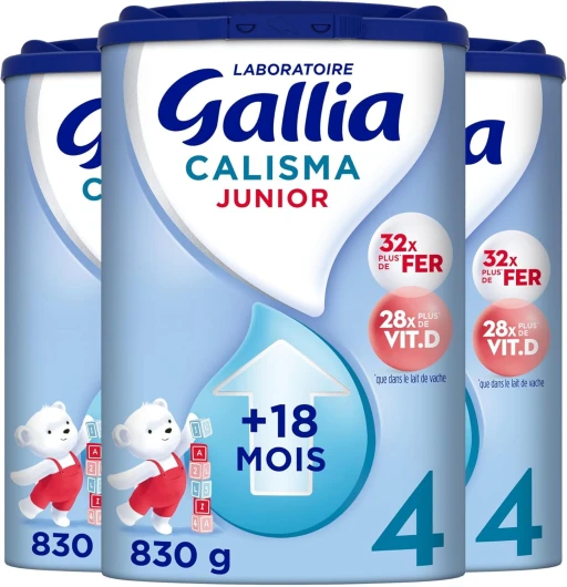 Lait infantile Calisma Junior 4ème âge - Lait de Croissance en Poudre pour Bébé - Sans Huile de Palme - Dès 18 Mois - 75 Biberons - Lot de 3 boites de lait 4ème âge - 3x830g