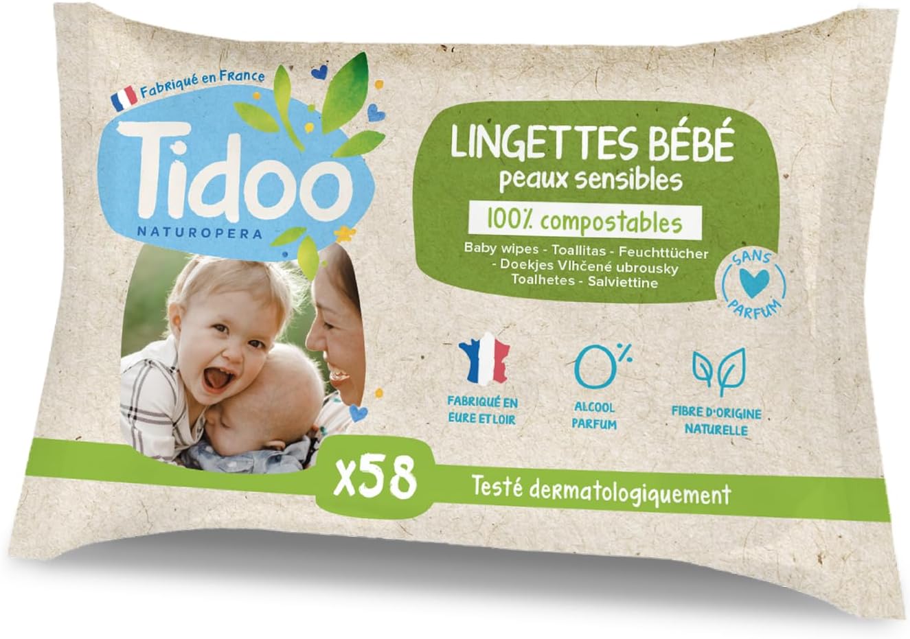 TIDOO- Lingette Bébé peaux sensibles- Sans Parfum - Lingettes Nettoyantes Sans Alcool Made in France - Soin Bébé Peaux Normales & Fragiles - 4x58 Lingettes Désinfectantes