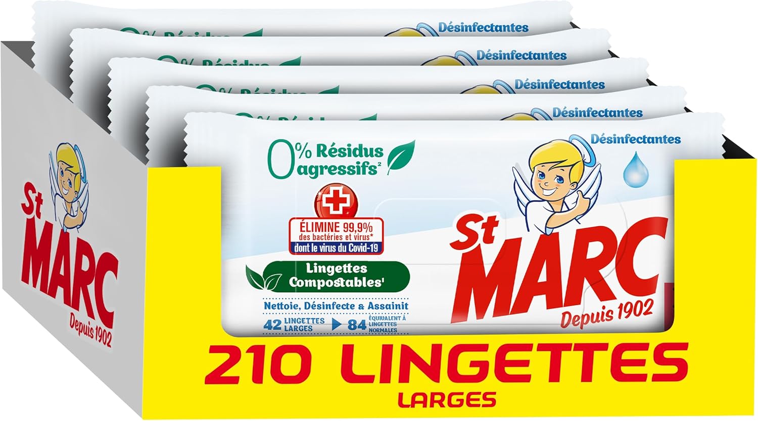 Lingettes nettoyantes Désinfectantes 0% Résidus Agressifs, Compostable - 42 lingettes antibactérien larges en Lot de 5 (Total 210 lingettes)
