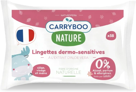 CARRYBOO - Lingettes Dermo-Sensitives - Lingette Bébé Sans Parfum - Lingettes Nettoyantes Sans Allergènes - Soin Bébé Apaisant pour Peaux Sensibles - 9x58 Lingettes Nettoyantes