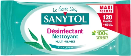 Lingettes Désinfectantes Multi-Usages - Eucalyptus - x120 - Bactéricide, Virucide, Fongicide - Sans Javel, Fabrication Française, 100% Fibres d’Origine Végétale