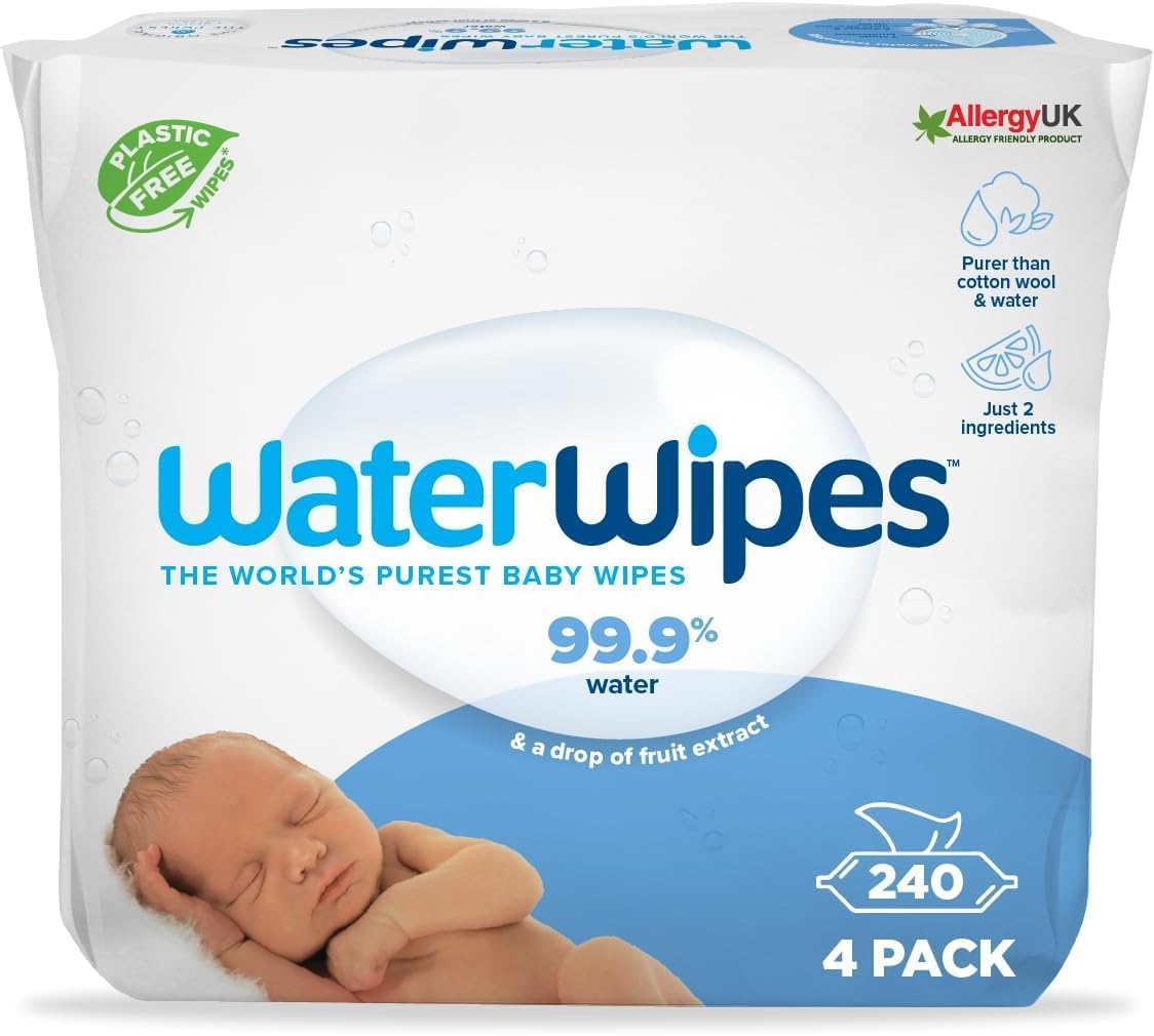 Lingettes Bébés Originales Exemptes De Plastique, 240 Unités (4 Paquets), Lingettes à Base d'Eau à 99,9 %, Non Parfumées pour les Peaux Sensibles