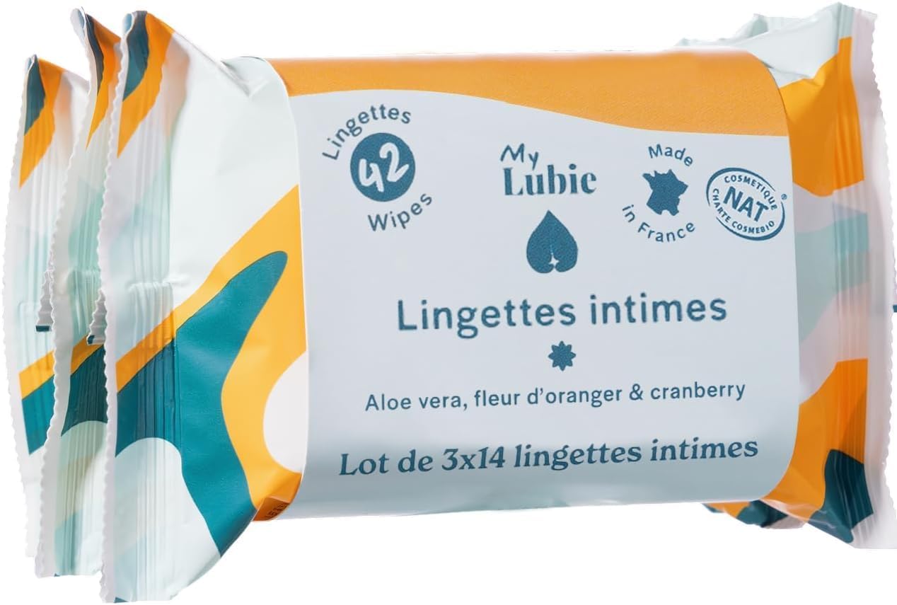 3x14 Lingettes intimes naturelles et apaisantes - Sans parfum, mixtes, douces et jetables dans les toilettes - Pack compacte - Cranberry, Fleur d'Oranger et Aloe Vera - Pack De 3