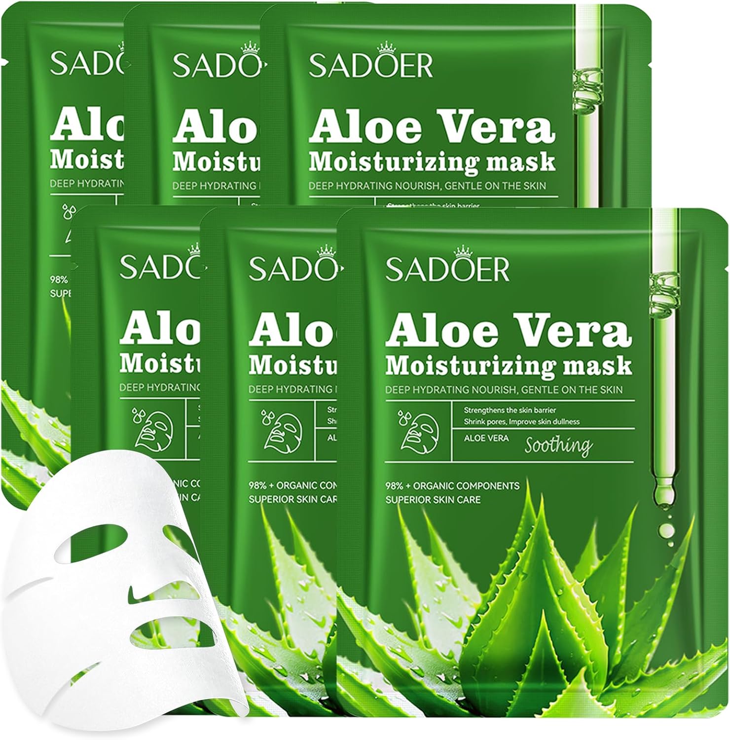 6 Pièces Masque Aloe Vera en Tissu Masque Hydratant Visage Apaisants Masque Réparateur Après-soleil masques pour le Visage pour tous les Types de Peau