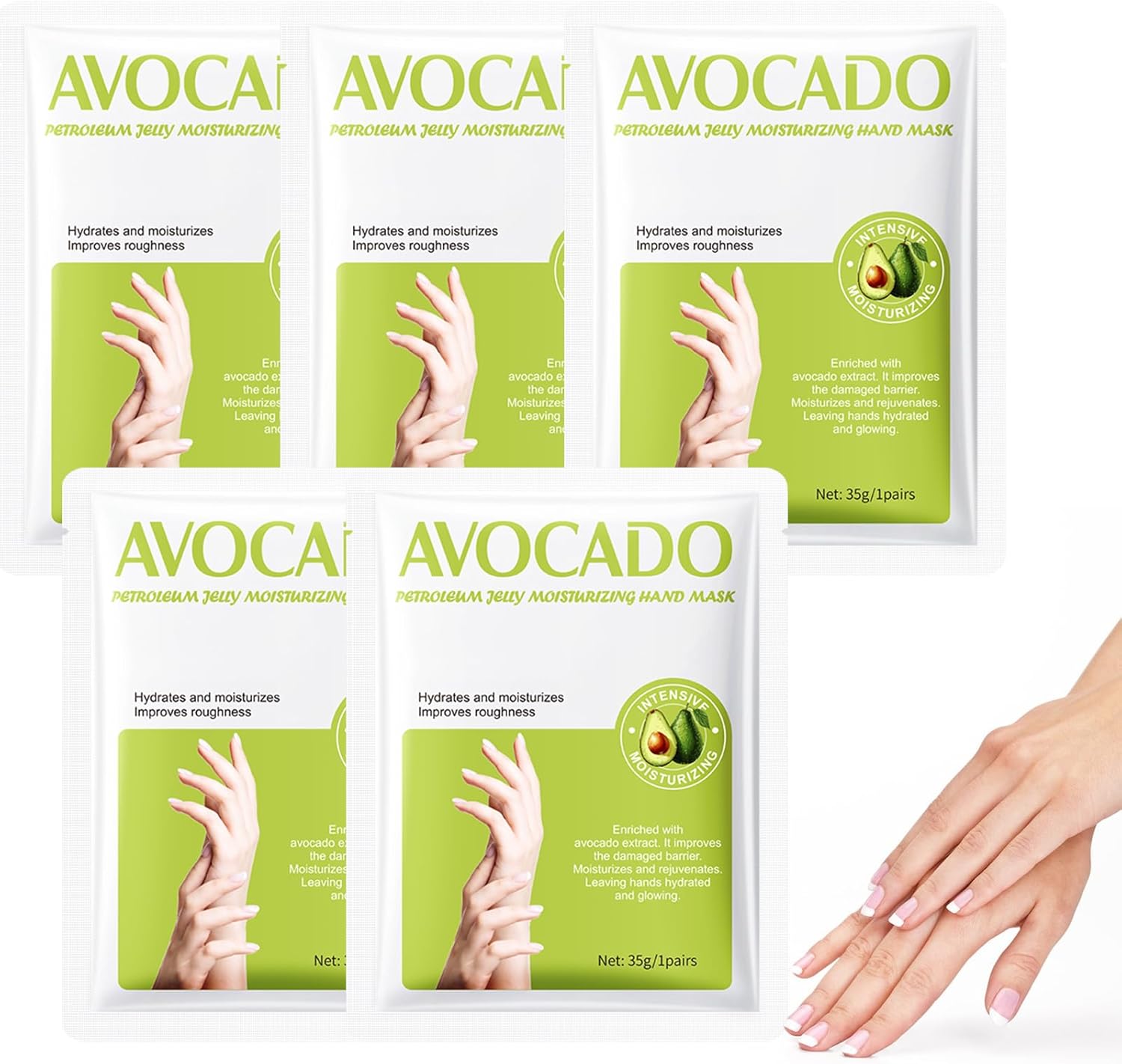 5 Paires Masque Pour Les Mains, Gants Hydratants À L'avocat, Masque Hydratant Pour Les Mains Avec De La Vaseline, Masque De Réparation Pour Les Mains, Soin Des Mains Nourrissant Et Adoucissant