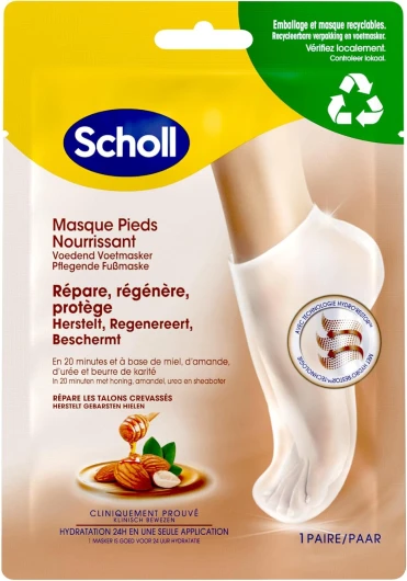 Masque Pieds à l'Amande et au Miel pour peaux sèches - En 20 minutes - Chaussettes de soin hydratantes, non grasses et faciles à utiliser - Masques et emballage recyclables - 1 paire