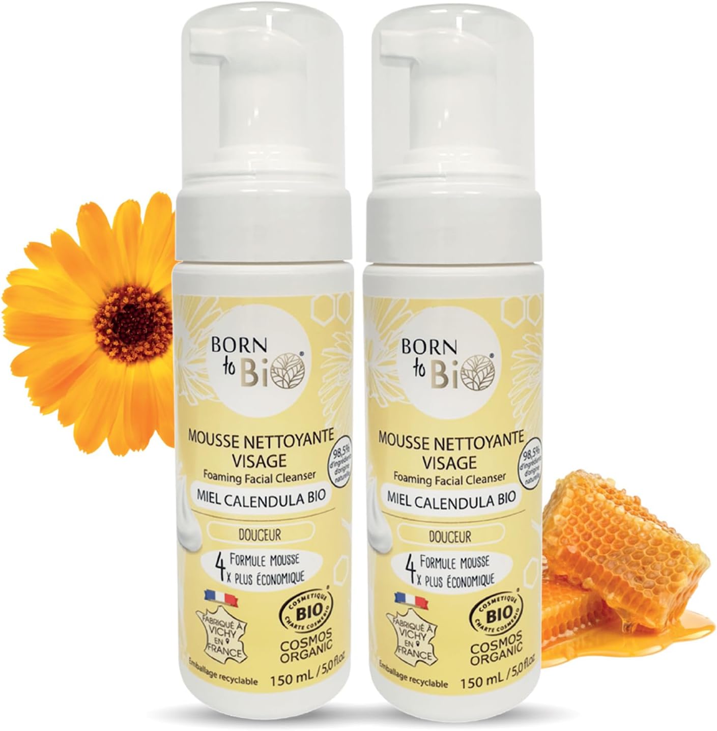 Mousse Nettoyante Visage Bio pour Peaux Sensibles - Lot de 2 x 150ml : Douceur - Miel Calendula - Nettoyage Doux et Efficace - Texture Ultra Légère - Certifiée Bio