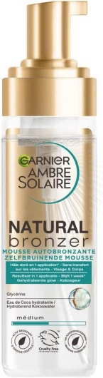 Ambre Solaire - Natural Bronzer - Mousse Autobronzante Hydratante - Hâle Progressif & Sur-Mesure - Eau de Coco & Glycérine - Vegan & Cruelty Free - Visage & Corps - 200 ml