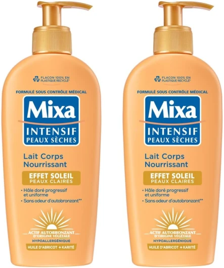 Intensif Peaux Sèches - Lait Corps Nourrissant Effet Soleil - Autobronzant - Hâle Doré Naturel Progressif et Uniforme - Peaux Claires - Hypoallergénique - Lot de 2, 250ml