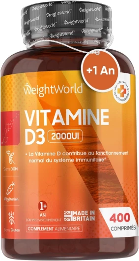 Vitamine D3 2000 UI Cholécalciferol, 400 Micro Comprimés Végétariens +1 An, Pour Os, Defenses Immunitaires, Muscles EFSA,Vitamine Hiver Adulte Sans Gluten, Sans OGM, Vit D Pure d'Origine Naturelle