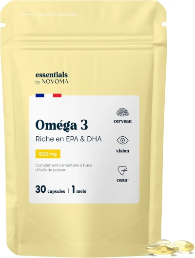 Omega 3 Huile de Poisson 1000mg, Pure et Concentrée, Oméga 3 EPA DHA, Santé du Coeur & Vision, Cure de 1 mois, Fabriqué en France, Essentials by Novoma