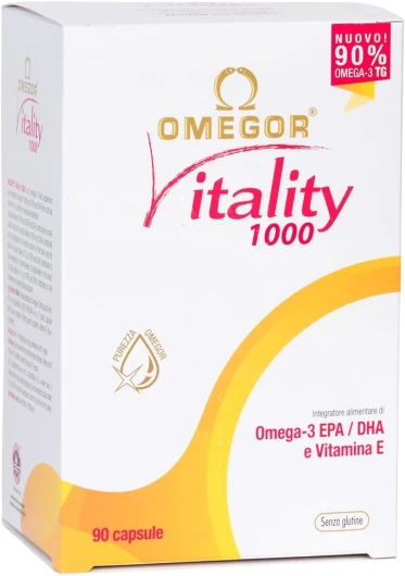 Vitality 1000 – Complément de 1000 mg d'oméga 3 - vitamine E - Pour le coeur et le cerveau - Concentration en oméga 3 de 90% - Certificat IFOS 5 étoiles - Huile de poisson pure - 90 gélules
