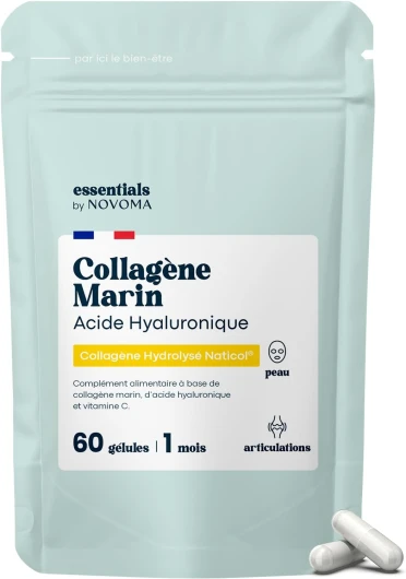 Collagène Marin + Acide Hyaluronique, Peau Hydratée et Articulations Fortes, Cure de 1 mois, 60 Gélules, Hydrolysé Type 1 Naticol®, Et Vitamine C, Made in France, Essentials by Novoma