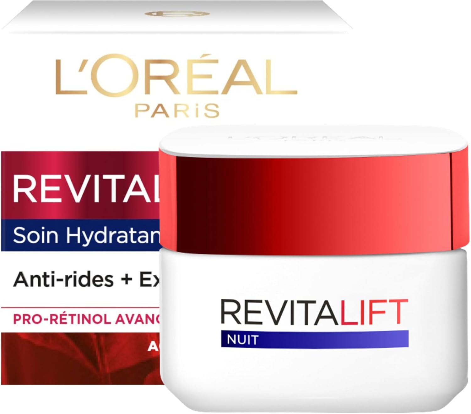 L’Oréal Paris - Soin Nuit Hydratant Visage Anti-Âge - Crème Anti-Rides, Extra-Fermeté & Tonifiante - Enrichi au Pro-Rétinol & Fibrelastyl - Tous Types de Peaux - Revitalift - 50 ml