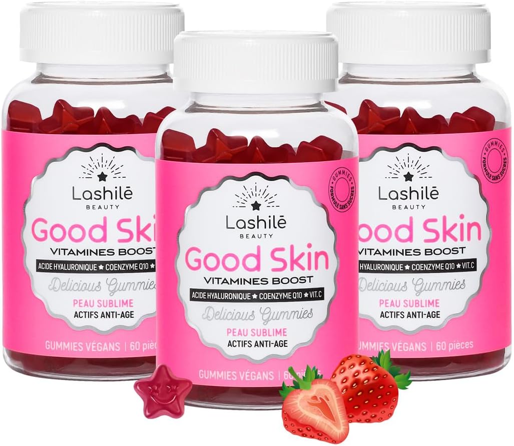 Good Skin - Anti age et anti rides - Compléments Alimentaires - Efficacité Prouvée - Made in France- Vitamine C, Vitamine E, Acide Hyaluronique, Q10 - Cure 2 mois - 180 Gummies