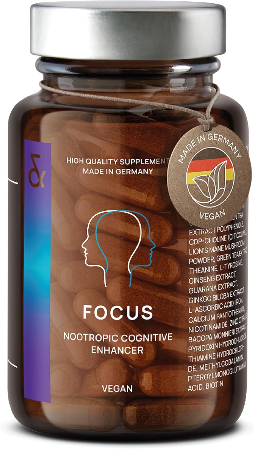 N°4 FOCUS - Supplément Nootropique - Brain Booster améliore la Memoire et Concentration - avec Citicoline + Ginko Biloba + Bacopa Brahmi - 60 Gélules Végan - CLAV Nootropics